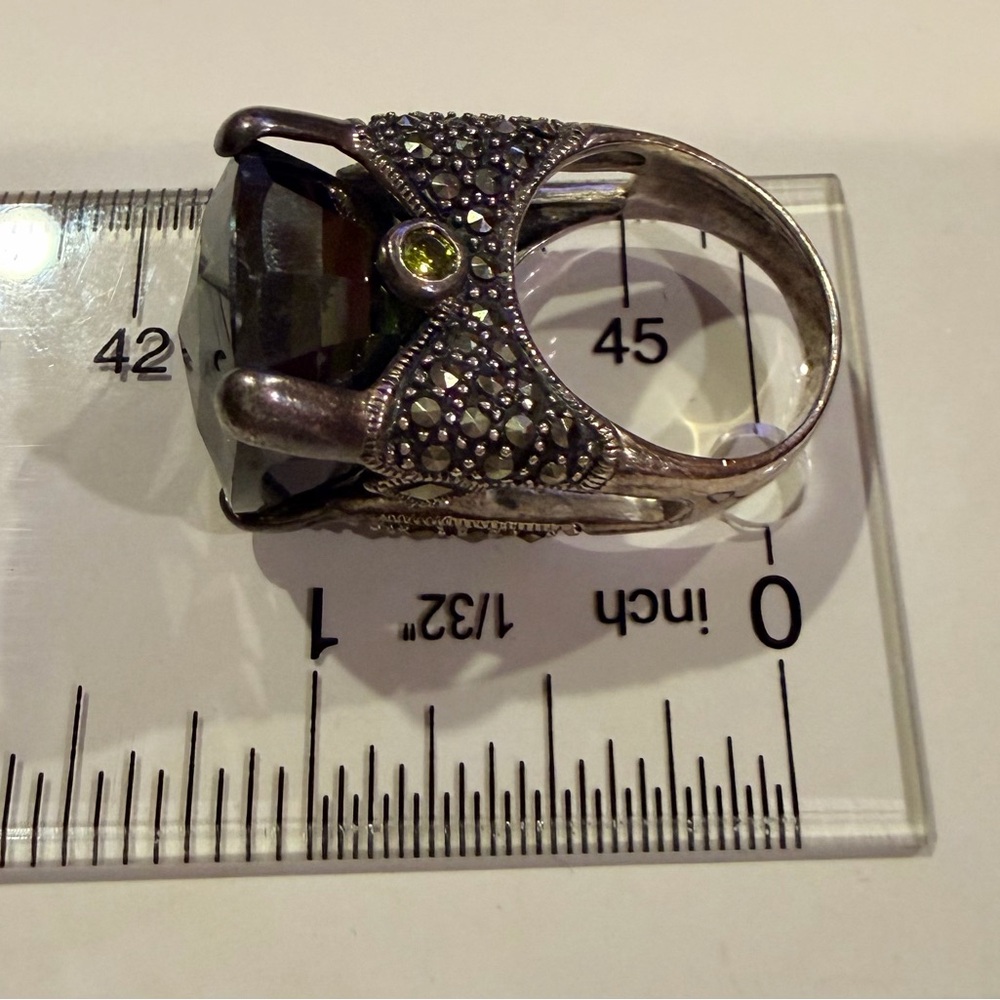 Sterling Silver Smoky Quartz Marcasite Statement Ring Art Deco Style - Picture 7 of 13